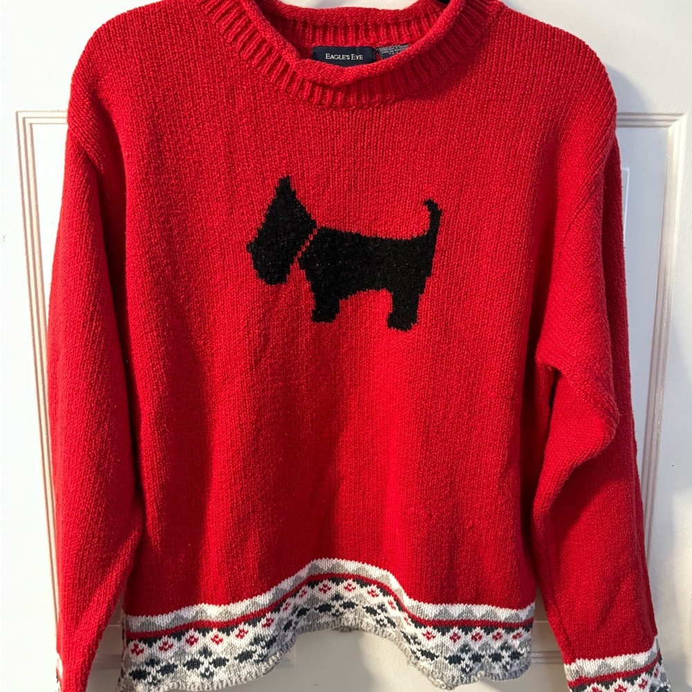 Eagle's Eye Scottie Dog Red Fair Isle Cotton Sweater XL Soft Comfy Grannycore
